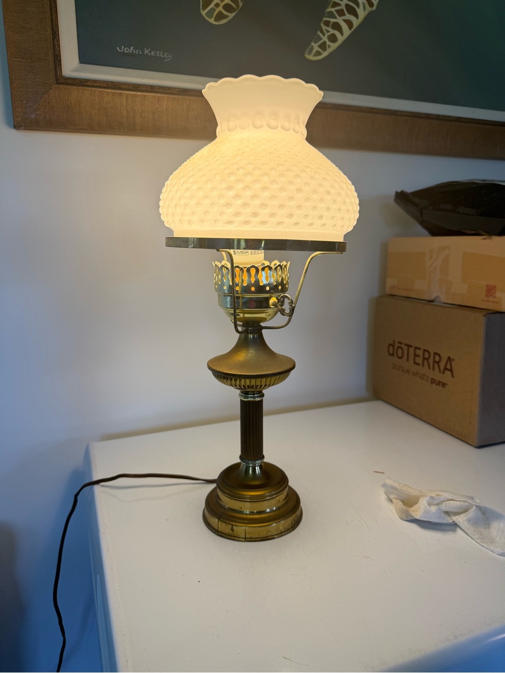 vintage electrified brass and white hobnail milk glass student table lamp.